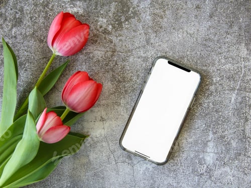 Preview: Flat lay with red tulips next to mobile device with blank screen mockup friendly on gray surface