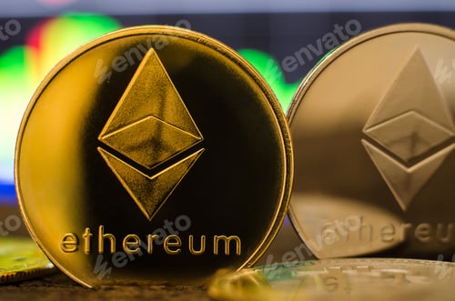 Preview: Ethereum coin close-up. World cryptocurrency. The financial system of the future