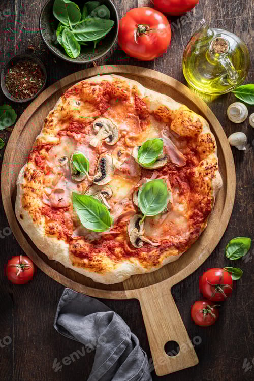 Preview: Hot Capricciosa pizza on wooden table. Poster for Restaurant.