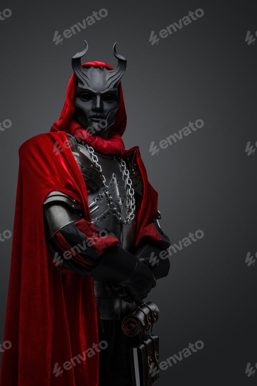 Preview: Mystic member of cult with black mask and red cloak