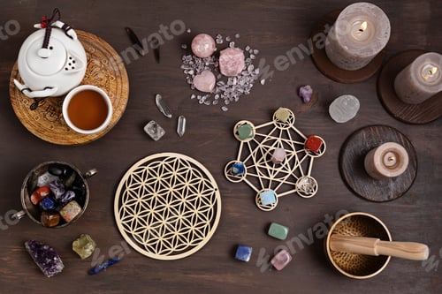 Preview: Healing chakra crystal grid therapy. Rituals with gemstones and aromatherapy for wellness, healing
