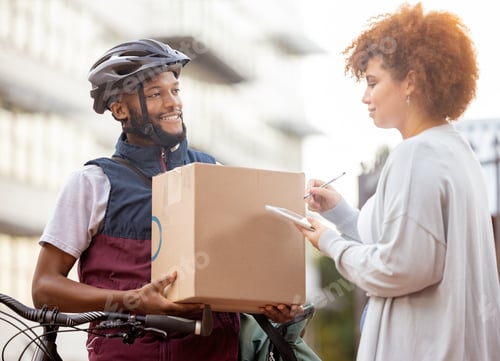 Preview: Black man, box and tablet in delivery service, package or parcel for female customer order in city.