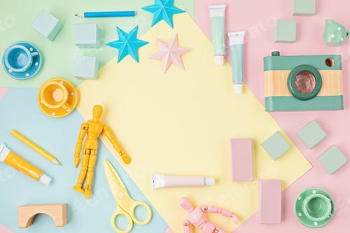 Preview: Colorful kids zero waste toys over bright background. Children gender neutral development and