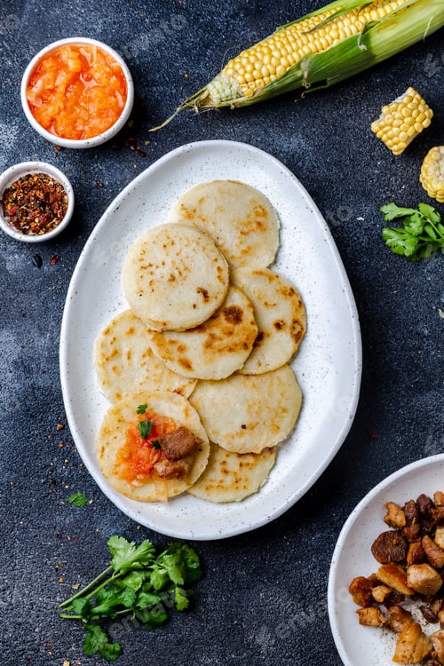 Preview: COLOMBIAN FOOD. Maize AREPAS and fried pork chicharron ans colombian tomato sauce. Top view. Black
