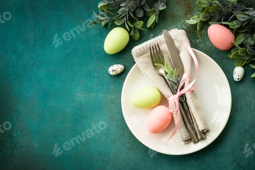 Preview: Easter table setting, Easter food background.