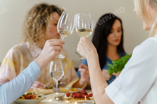 Preview: Young women friends clinking glasses at the festive table.