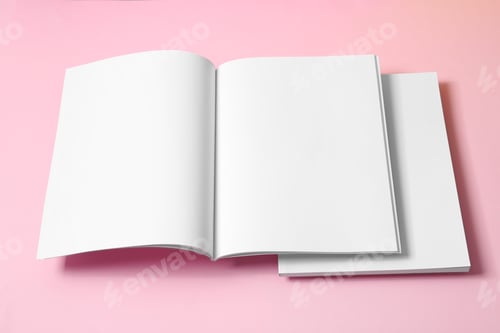 Preview: Empty book pages on pink background. Mockup for design