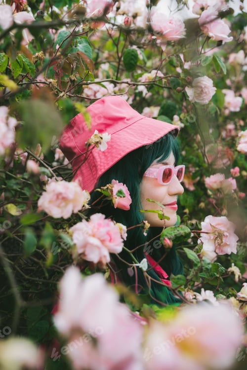 Preview: Summer portrait of young hipster woman with green hair in pink magenta bucket hat in blooming roses