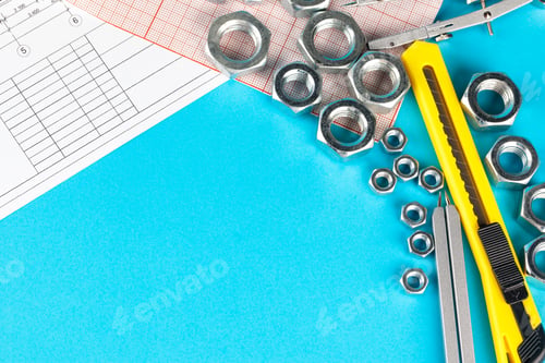 Preview: detailed drawing of parts, nuts on paper