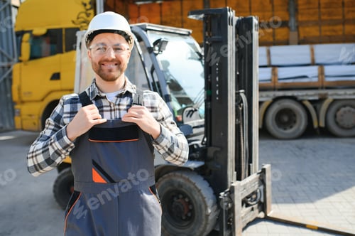 Preview: Portrait of heavy industry forklift driver giving thumbs up and smiling