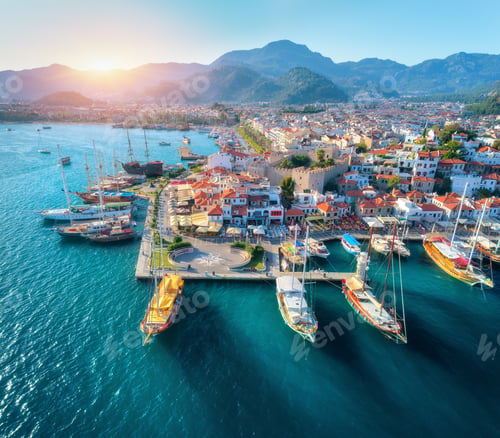 Preview: Aerial view of boats and beautiful architecture at sunset