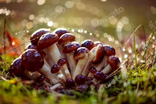 Preview: Armillaria Mushrooms of honey agaric In a Sunny forest.