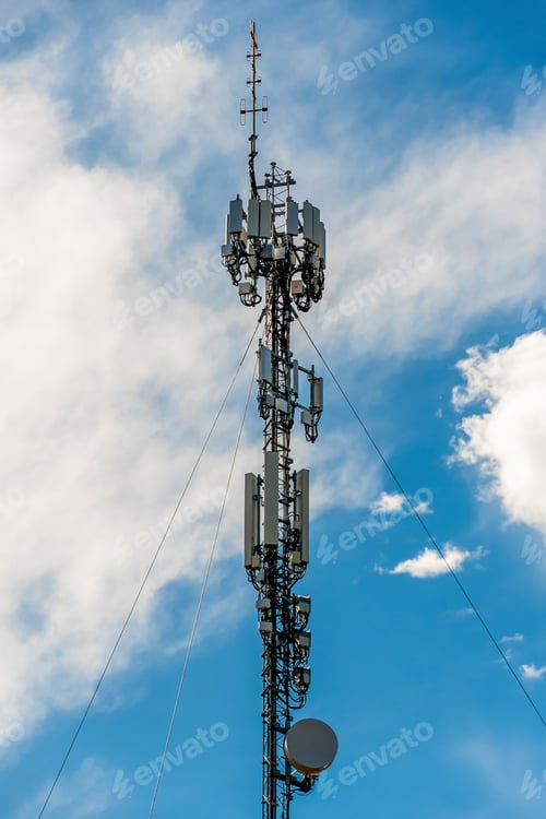 Preview: Radio, communication and cell tower on blue sky background