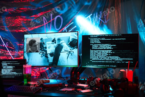 Preview: Hackers Workplace with Surveillance and Malware Code on Computer Screens