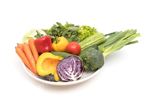 Preview: Assort fresh fruits and vegetables in basket isolated on white background