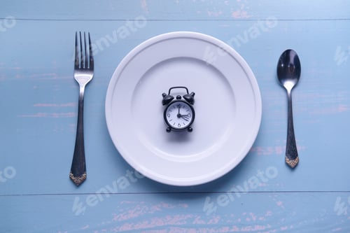 Preview: Dinner Time An Alarm Clock Set on a Plate Surrounded by Various Cutlery Utensils