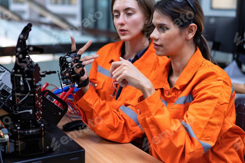 Preview: Girl engineer doing robot project testing cyborg hand control signal as high technology innovation