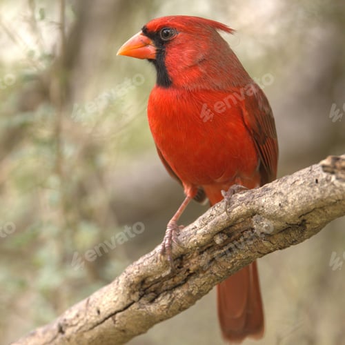 Preview: Northern Cardinal bird with dark eyes on a tree branch in a forest