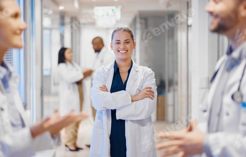 Preview: Proud, happy woman doctor with leadership, staff management and hospital workflow or clinic solutio