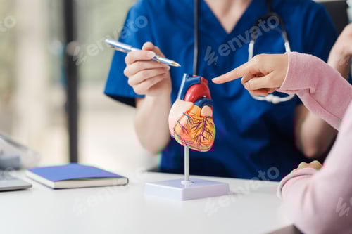 Preview: Cardiology clinic, young Caucasian female doctor explains heart disease treatment with a medical