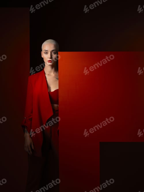 Preview: Portrait, fashion and mockup with a woman on a dark background in studio for marketing, advertising