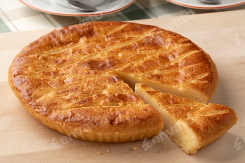 Preview: Single traditional fresh baked Dutch Boterkoek, butter cake and a piece on a cutting board