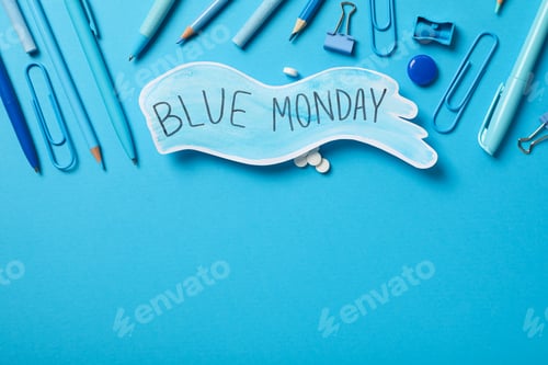 Preview: Blue Monday text and stationery on blue background, space for text
