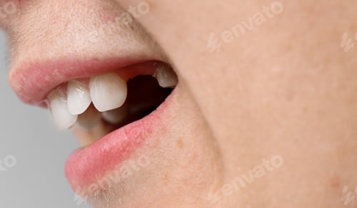 Preview: Human mouth with white teeth close-up and hole. Visit the dentist and oral care.