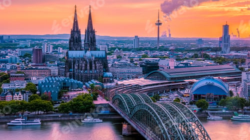 Preview: Cologne Koln Germany during sunset, Cologne bridge with cathedral