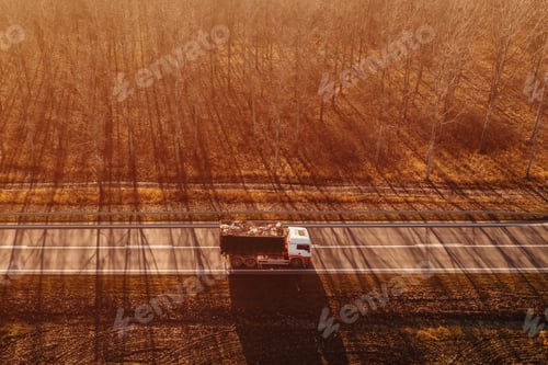 Preview: Aerial view of truck with waste paper loaded in wagon driving through wooded autumn scenery