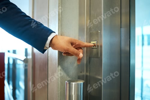 Preview: Elevator button, business man hand and office building lift for corporate finance company. Business
