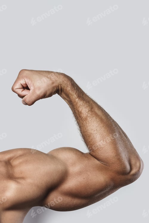 Preview: Muscular arm of young bodybuilder on gray background