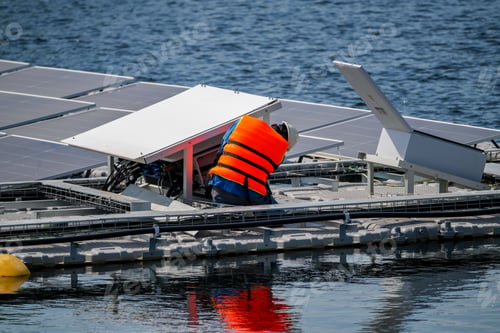 Preview: Two Asian workers are doing setup the photovoltaic panels floating on the water surface.