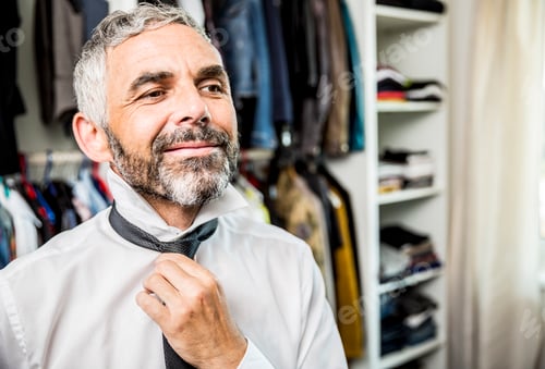 Preview: Portrait of smiling businessman binding tie at his walk-in closet