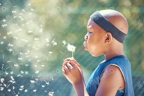 Preview: Boy, blowing a dandelion and making a wish with a black child outside on a basketball court while h