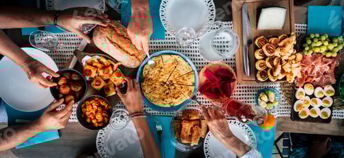 Preview: Food Catering Cuisine Culinary Gourmet Buffet Party Concept with lot of hands taking food