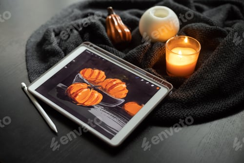 Preview: The still life picture with pumpkins drawn on the electronic tablet next to burning candle