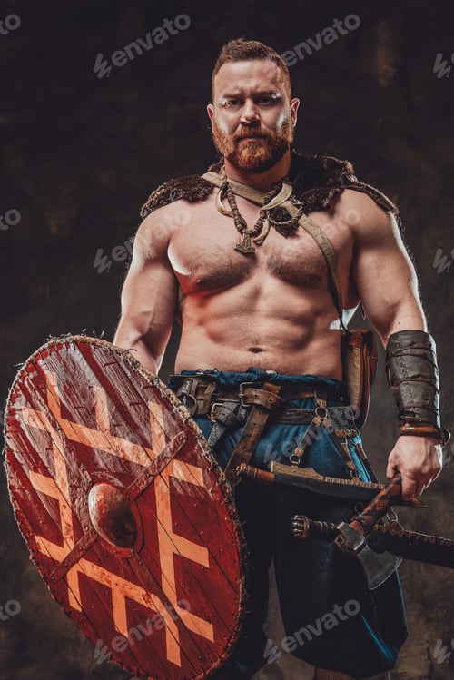 Preview: Wild scandinavian solider with shield and hatchet in dark background