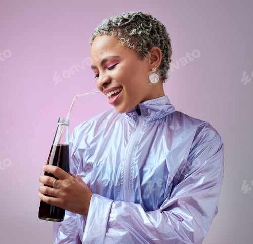 Preview: Smile, cola and woman with soda in studio drinking to hydrate and refresh with a cool beverage and