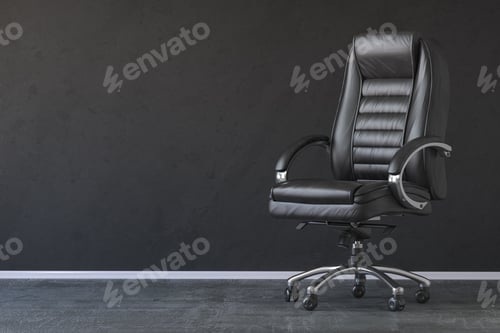 Preview: Black office chair in black interior with space for text.