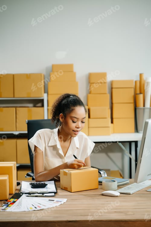 Preview: Small business entrepreneur SME freelance woman working at home office, BOX,tablet