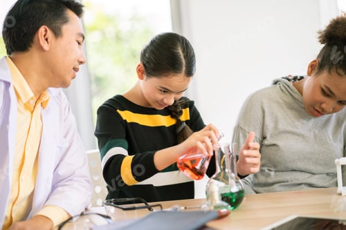 Preview: Students in science class doing chemical experiment in laboratory.