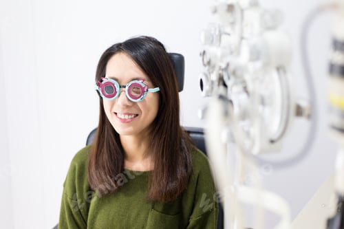 Preview: Woman checking vision with trial frame at eye clinic