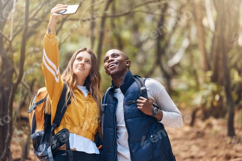 Preview: Selfie, happy couple and hiking adventure while holding phone for vacation travel memories in a for