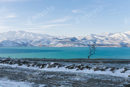Preview: Charvak Reservoir in Winter in Uzbekistan. Beautiful Winter Landscape, Postcard