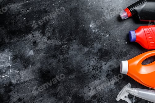Preview: Home cleaning concept, housecleaning, hygiene, spring, chores, cleaning supplies. Black background.