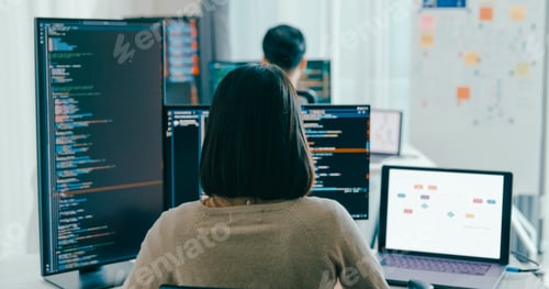 Preview: Group Adult Asia male, female freelance typing write prompt AI bot IT app smart program nomad.