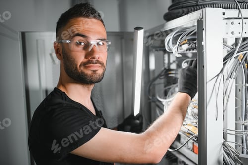 Preview: Young man is working with internet equipment and wires in server room