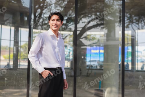 Preview: Young businessman smiling looking away in city