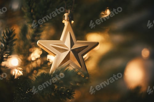 Preview: Christmas tree close up decoration with bokeh lights